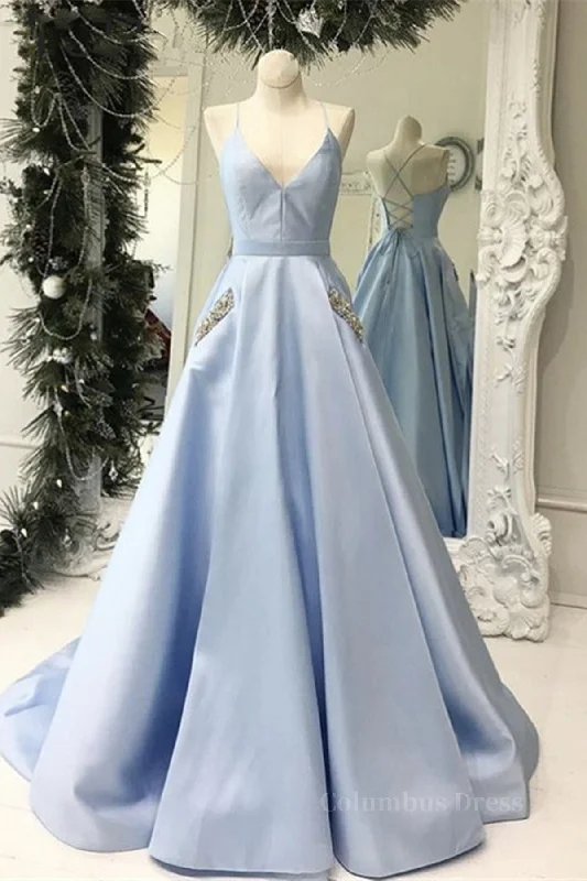 YEAR-End Sale V Neck Open Back Light Blue Satin Long Corset Prom Dresses with Pocket Gowns YEAR-End Sale V Neck Open Back Light Blue Satin Long Corset Prom Dresses with Pocket Gowns