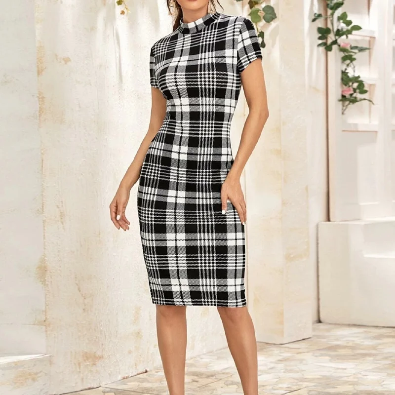 Exclusive Offers Mock Neck Plaid Pencil Dress