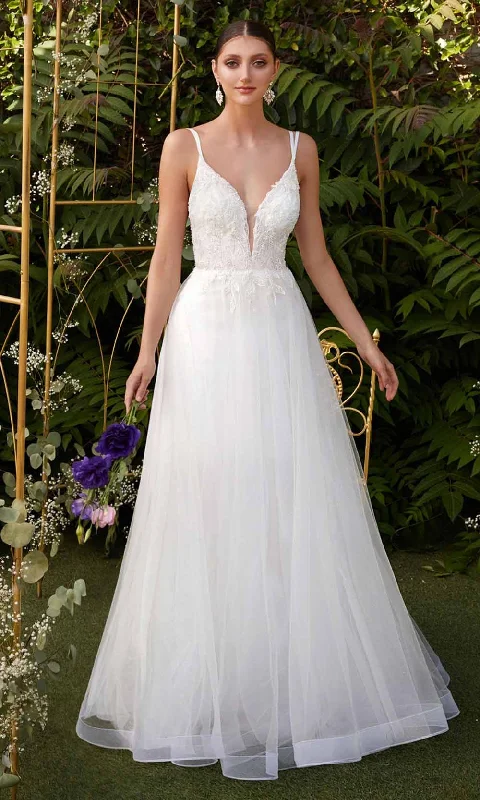 Limited Quantity Cinderella Divine - CD0154W Appliqued Deep V-Neck Layered Tulle Dress