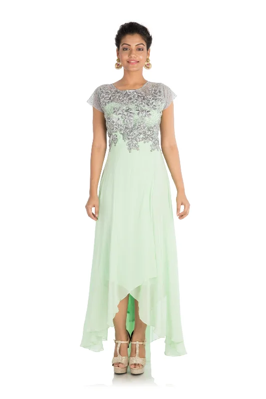 Limited Stock Hand Embroidered Light Green Asymmetrical Dress