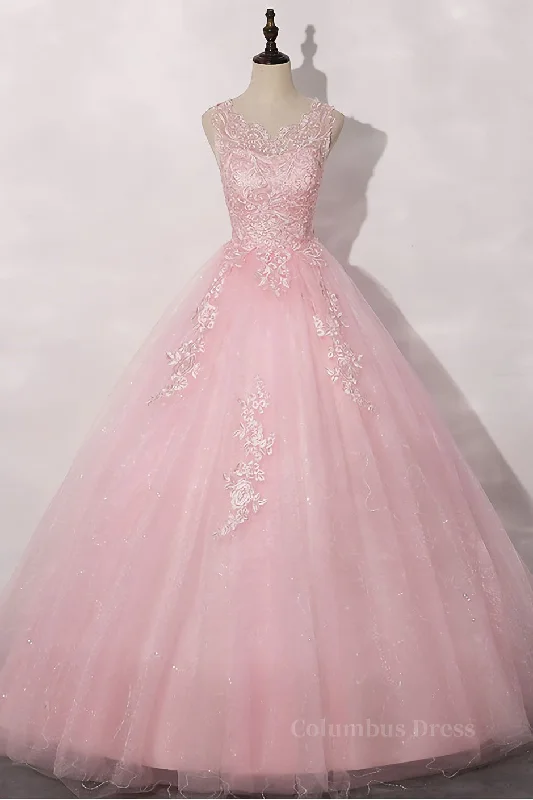 Shop and Save Pink round neck tulle lace long Corset Prom dress pink tulle Corset Formal dress outfit
