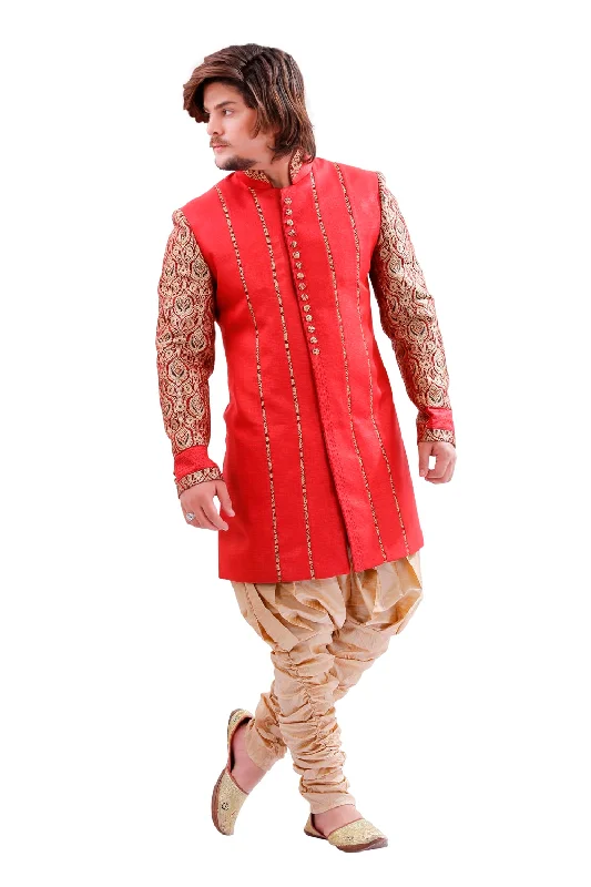 Super Sale Red Brocade Silk Indian Wedding Indo-Western Sherwani For Men