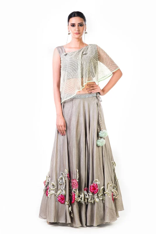 Inventory Reduction One Shoulder Cape Style Blouse And Embroidered Lehenga