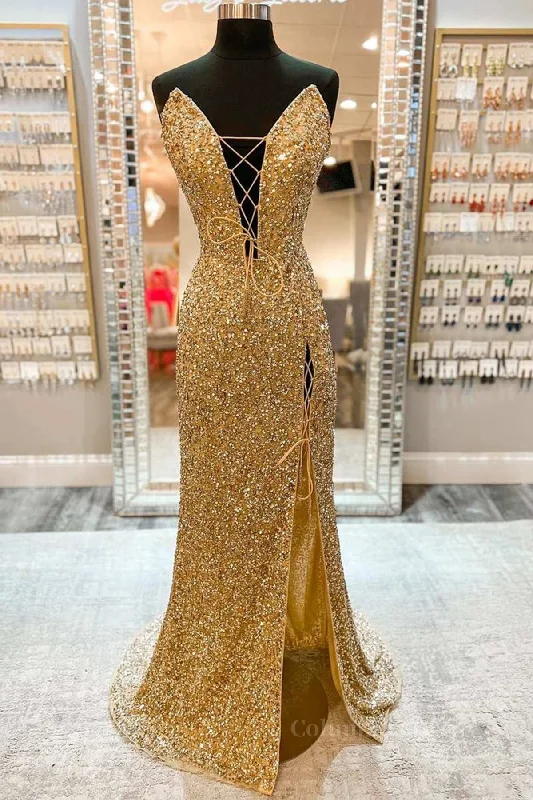 Don't Wait V Neck Mermaid Golden Sequins Long Corset Prom Dress with High Slit, Mermaid Golden Corset Formal Dress, Gold Sequins Evening Dress outfit Don't Wait V Neck Mermaid Golden Sequins Long Corset Prom Dress with High Slit, Mermaid Golden Corset Formal Dress, Gold Sequins Evening Dress outfit