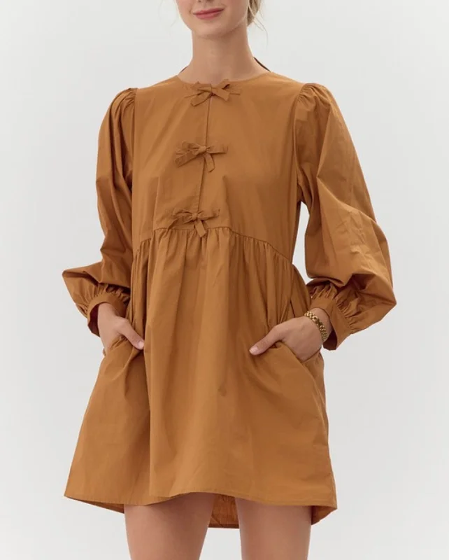 Deal Dash Solid bow baby doll dress (toffee)