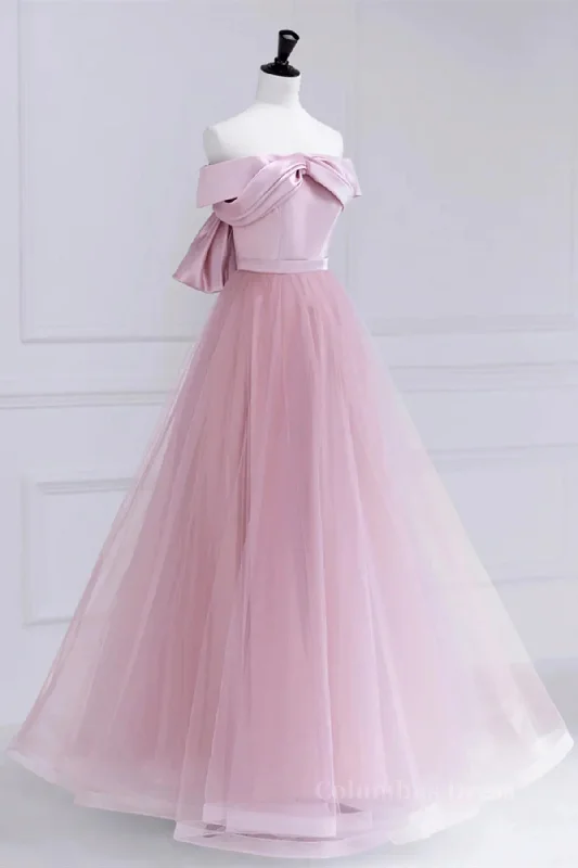Can't Be Beat Off the Shoulder Pink Corset Prom Dresses, Pink Tulle Corset Formal Evening Dresses outfit