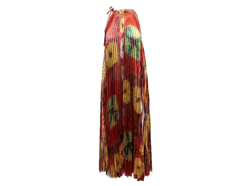 Stock Clearance Red & Multicolor Ulla Johnson Pleated Printed Maxi Dress Size US 0