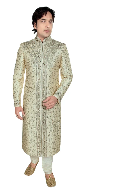 Deal Alert Fancy Brown Brocade Silk Indian Wedding Sherwani For Men