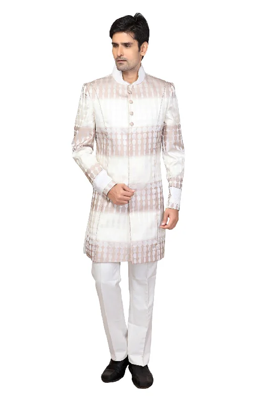 Super Bargain White & Brown Imported Silk Indian Wedding Indo-Western Sherwani For Men Super Bargain White & Brown Imported Silk Indian Wedding Indo-Western Sherwani For Men