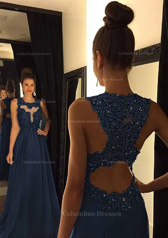 Super Sale Chiffon Prom Dress A-Line/Princess Scoop Neck Sweep Train With Appliqued Beaded