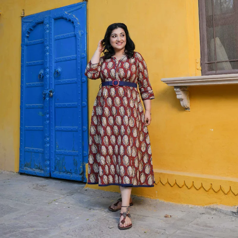 Super Deal Vintage Maroon & Orchid Handblock Printed Aline Cotton Dress