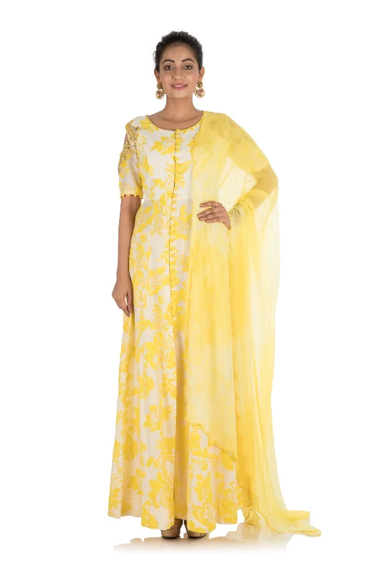 New Deals Hand Printed & Embroidered Bright Yellow Cold Shoulder Long Kurti