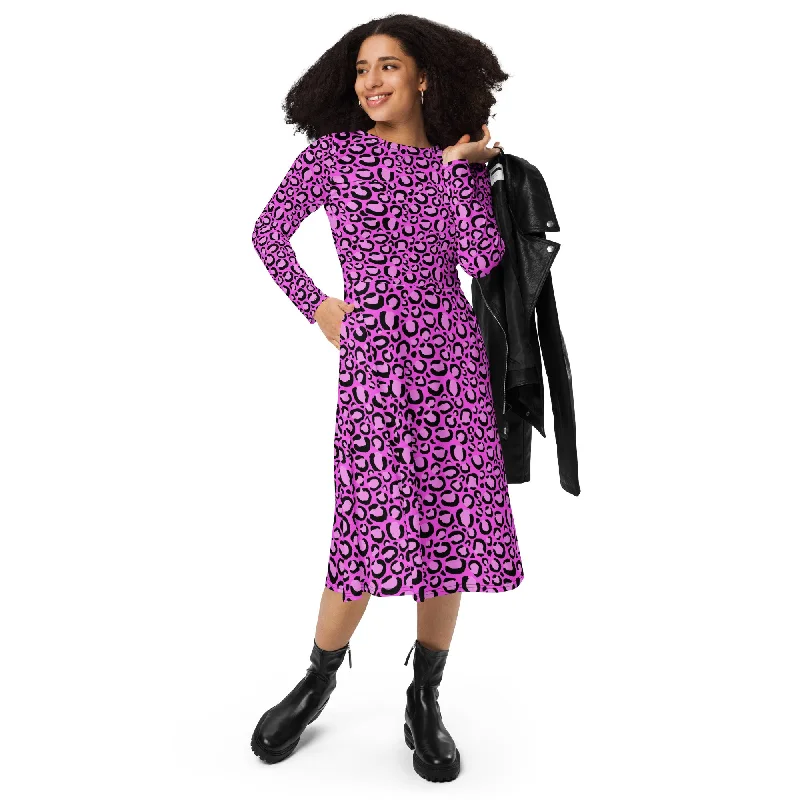 Don't Wait Pink Leopard Print Ladies All-over print long sleeve midi dress with pockets Don't Wait Pink Leopard Print Ladies All-over print long sleeve midi dress with pockets