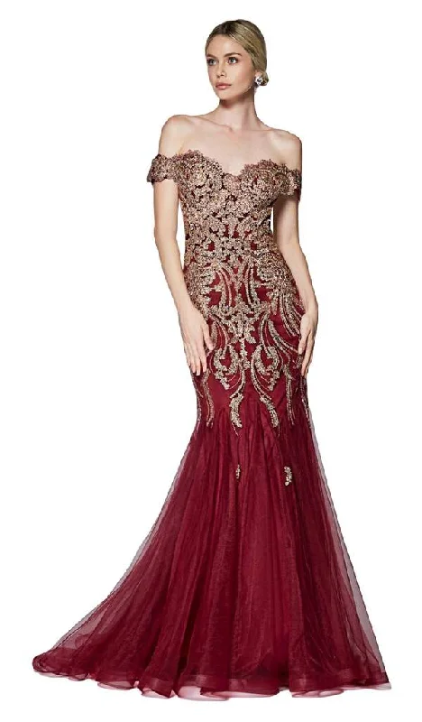 Fantastic Deals Cinderella Divine - Off Shoulder Beaded Lace Tulle Mermaid Gown KV1035 - 1 pc Black/Gold In Size 6 Available