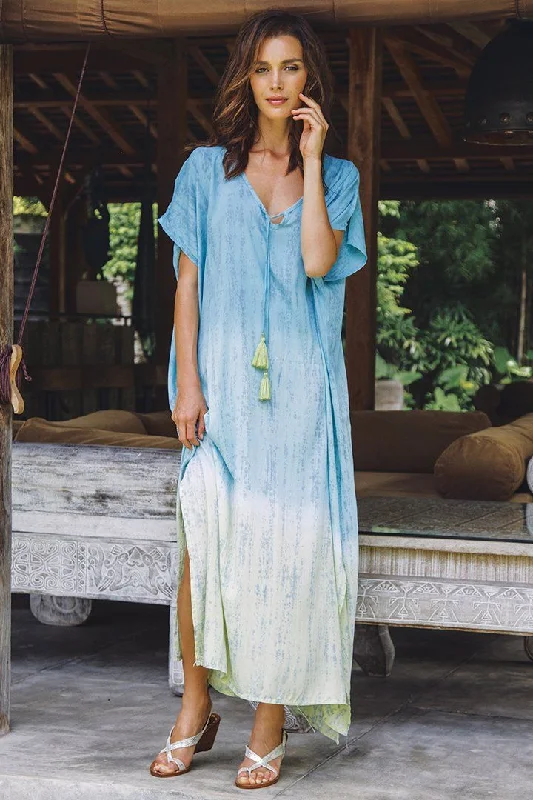 Deal of the Day SHU-SHI Danielle Two Toned Ombre Tie Dye Long Caftan Dress with Short Sleeves & Tassel String Deal of the Day SHU-SHI Danielle Two Toned Ombre Tie Dye Long Caftan Dress with Short Sleeves & Tassel String