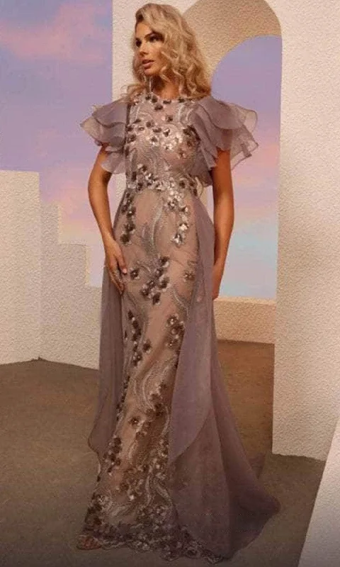Special Discount MNM Couture M0101 - Ruffled Short Sleeve Jewel Neck Evening Gown