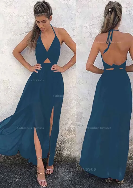 Savings Spectacular A-line/Princess Halter Sleeveless Ankle-Length Chiffon Prom Dress With Split