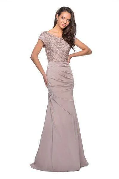 Quick Sale La Femme - 26806 Short Sleeve Embroidered Bodice Ruched Mermaid Gown