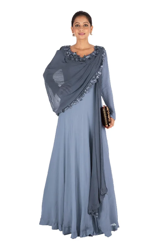 Bargain Bin Hand Embroidered Grey Gown With Attahed Dupatta