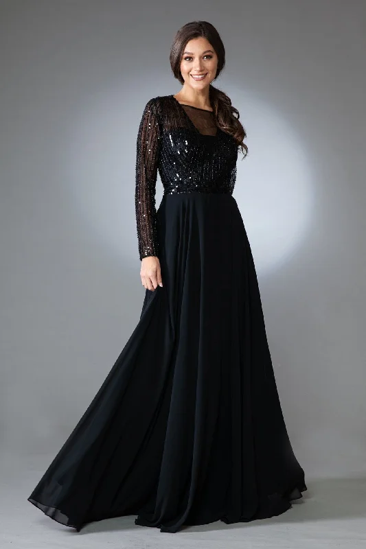 Steals and Deals Embellished Long Sleeve Chiffon Gown by Amelia Couture 7036