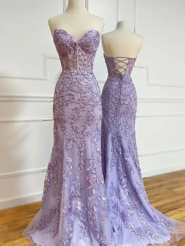 Super Sale Purple sweetheart neck tulle lace mermaid long Corset Prom dress outfits Super Sale Purple sweetheart neck tulle lace mermaid long Corset Prom dress outfits