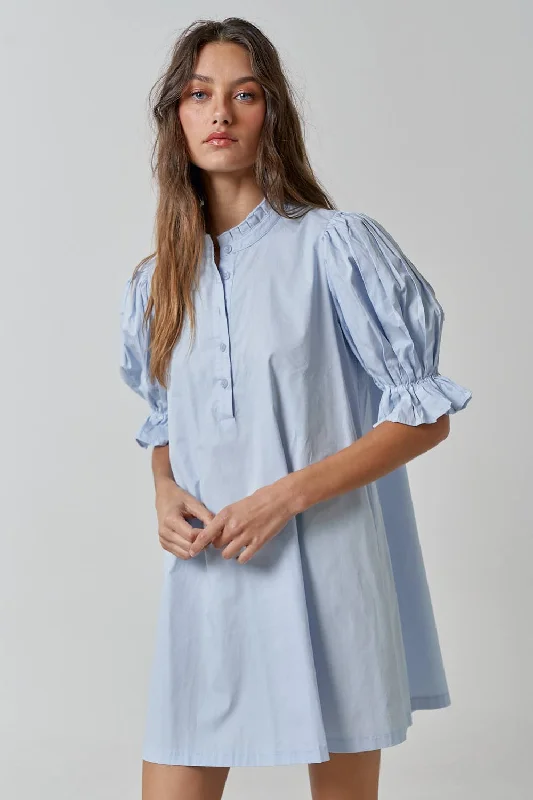 Discount Extravaganza PLEATED PUFF SLEEVE BUTTON UP POPLIN MINI DRESS: POWDER BLUE