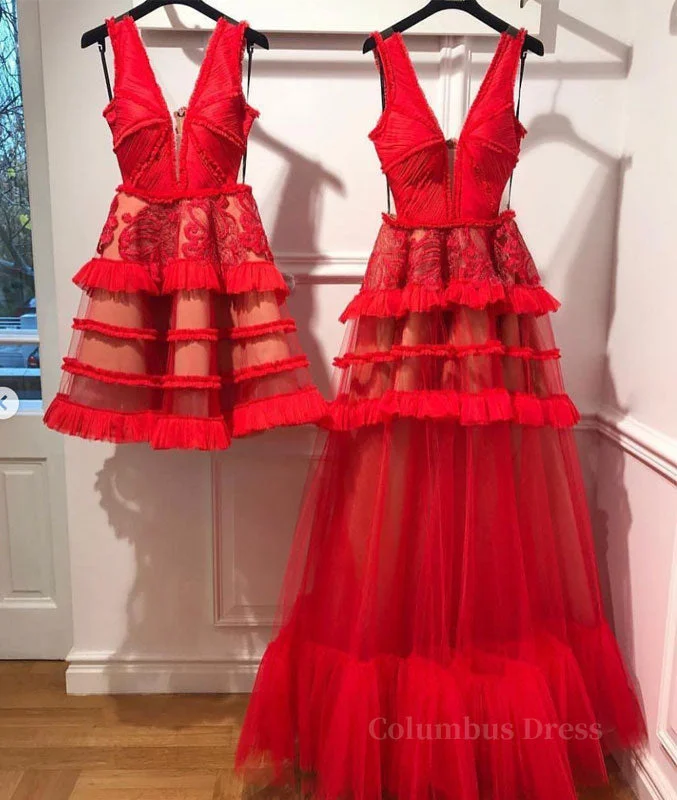 Buy Now Red v neck tulle long Corset Prom dress, red tulle evening dress outfit