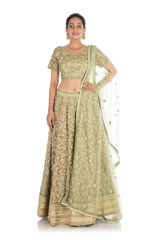Overstock Sale Complete Hand Embroidered Pistachio Green Heavy Lehenga Set