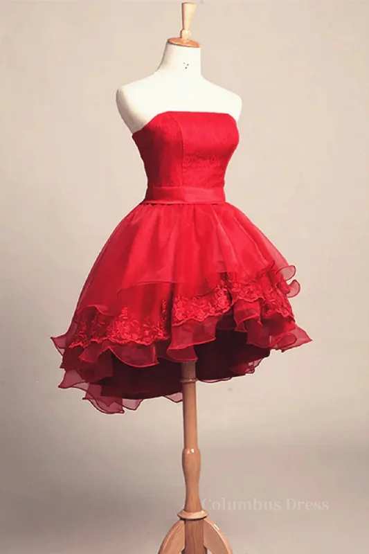 Discount Mania Strapless High Low Red Lace Corset Prom Dress, High Low Red Corset Homecoming Dress, Short Red Lace Corset Formal Graduation Evening Dress outfit Discount Mania Strapless High Low Red Lace Corset Prom Dress, High Low Red Corset Homecoming Dress, Short Red Lace Corset Formal Graduation Evening Dress outfit