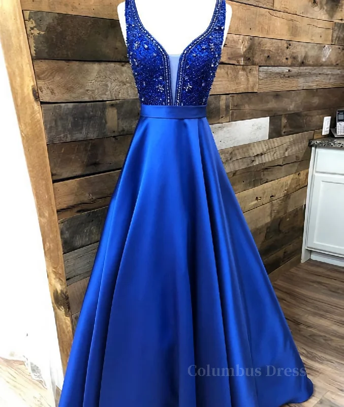 Deal of the Week Blue v neck beads satin long Corset Prom dress, blue evening dress outfit Deal of the Week Blue v neck beads satin long Corset Prom dress, blue evening dress outfit