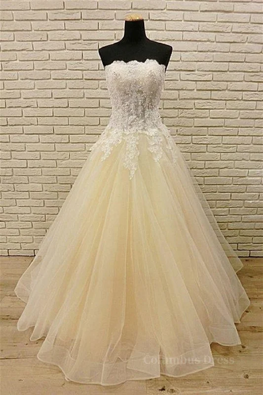 Daily Deals Strapless Champagne Long Corset Prom Dresses with Lace Appliques, Champagne Lace Corset Formal Evening Dresses outfit Daily Deals Strapless Champagne Long Corset Prom Dresses with Lace Appliques, Champagne Lace Corset Formal Evening Dresses outfit