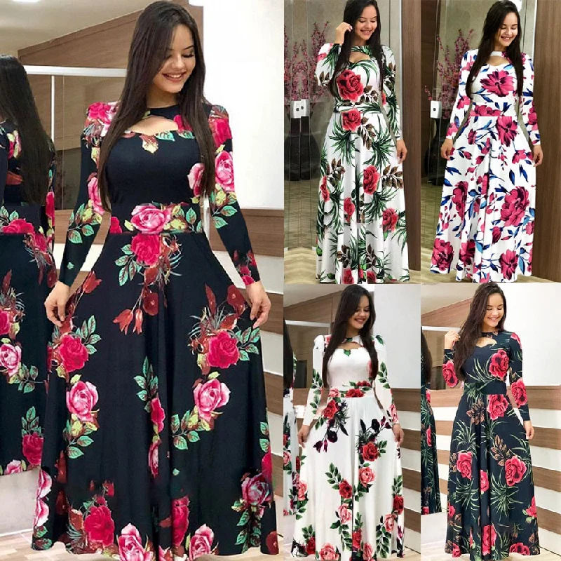Best Deals Elegant Spring Autumn Casual Bohmia Flower Maxi Dresses