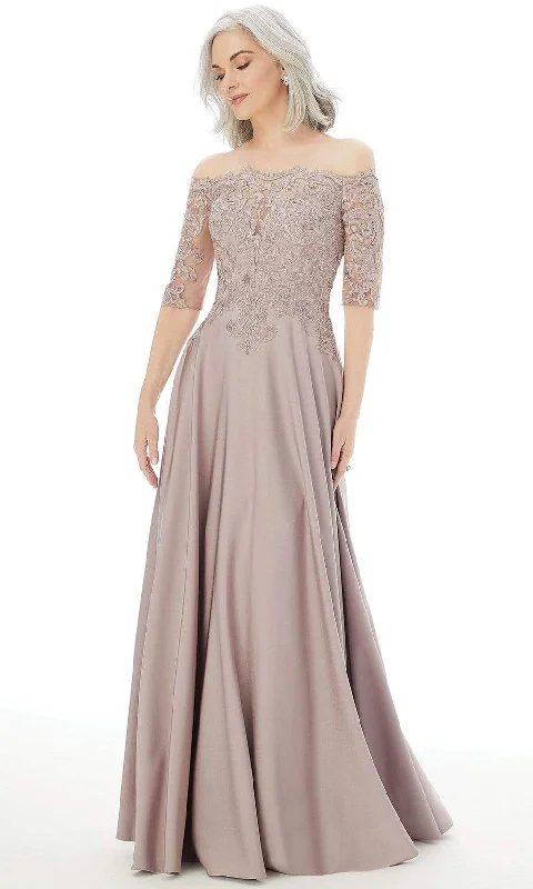 Price Buster MGNY By Mori Lee - 72220 Off Shoulder Embroidered Lace Crepe Gown