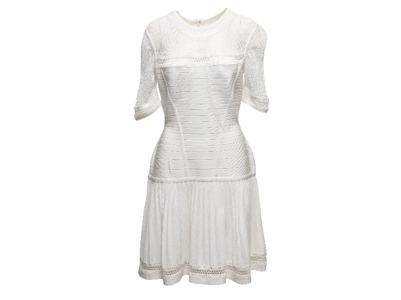 Quick Sale White Herve Leger Mesh-Accented Pleated Dress Size US M