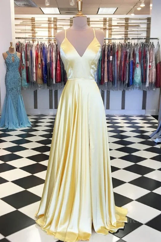 Referral Discount A Line V Neck Yellow Long Corset Prom Dresses, Yellow Long Backless Corset Formal Evening Dresses outfit