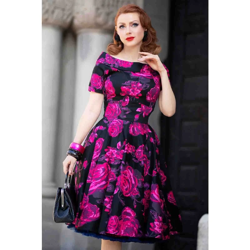 New Deals Dolly and Dotty Darlene Rose 50s Dress - Black/Pink