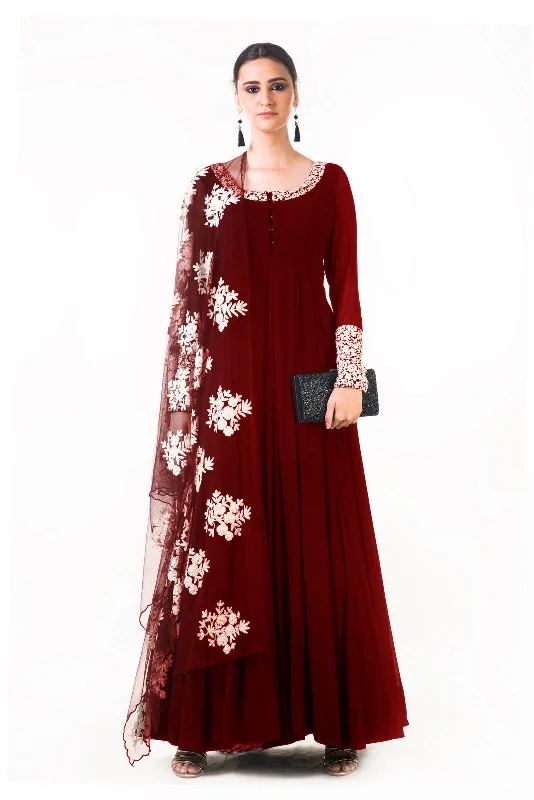 Flash Sale Maroon Ari Dress With Ari Work Net Dupatta