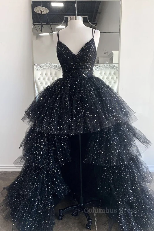 Price Reduction Bling Bling V Neck High Low Black Long Corset Prom Dresses, Fluffy Black Corset Formal Evening Dresses, Corset Ball Gown outfits