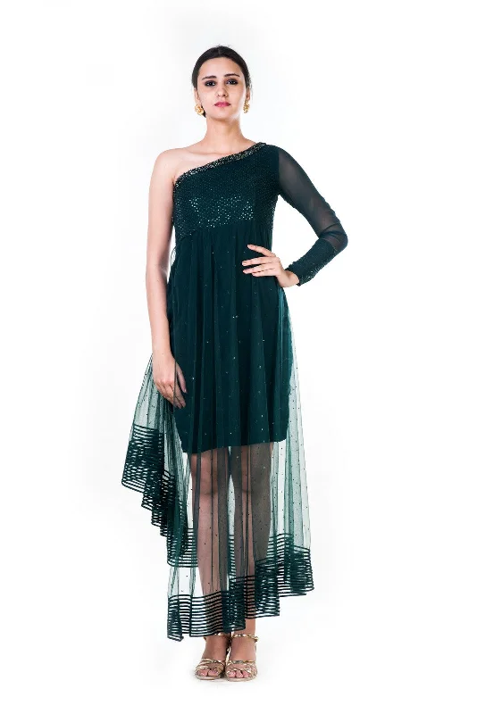 Special Savings Single Shoulder Bottle Green Sequin Layered Dress