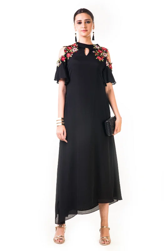 Seasonal Clearance Black Asymmetrical Hand Embroidered Cold Shoulder Dress