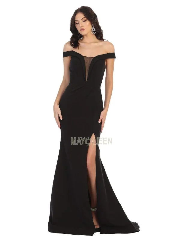 Limited Availability May Queen - MQ1748 Foldover Plunge Off Shoulder High Slit Dress