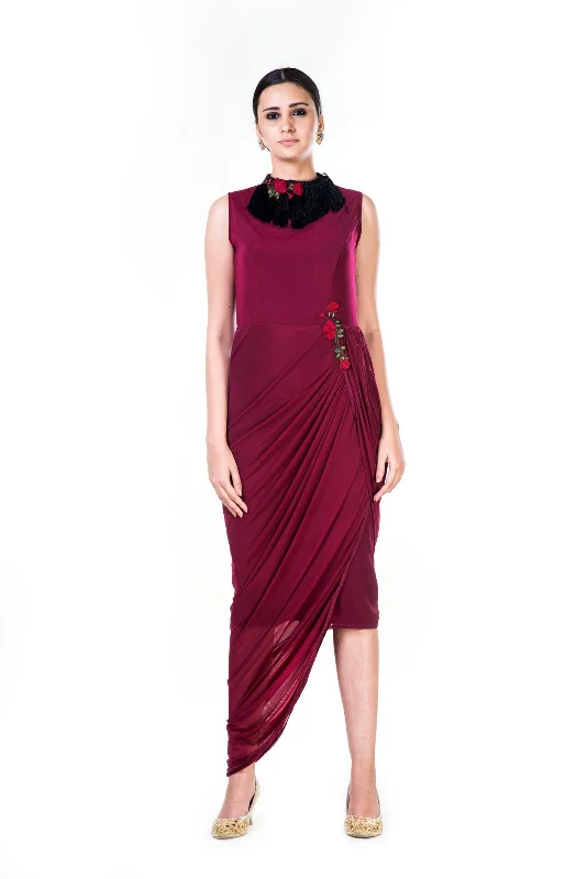 Bargain Prices Embroidered Maroon Fringe Neck Drape Gown