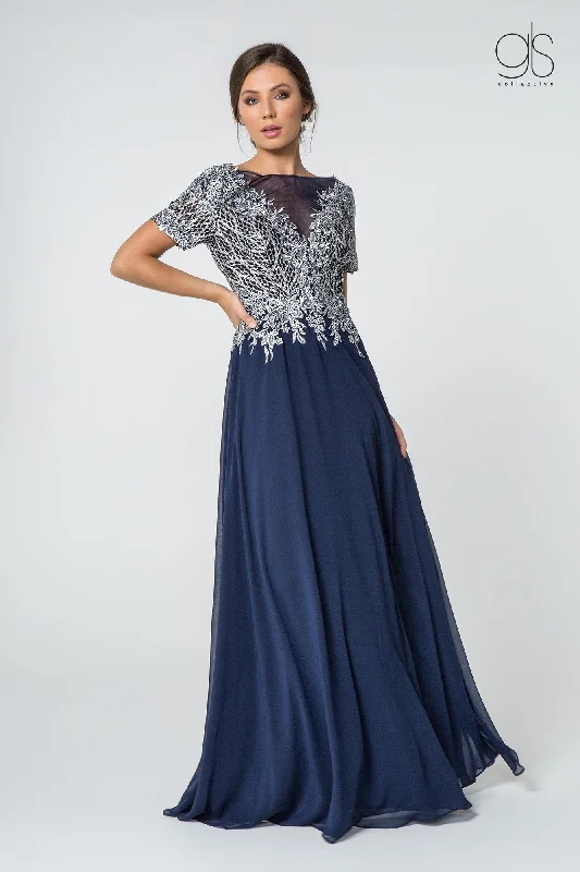 Take Advantage Short-Sleeve Gown with Glitter Lace Bodice by Elizabeth K GL2826