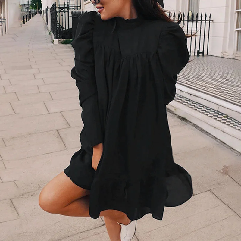 Instant Discount Women's Summer Chiffon Ruflled Puff-Sleeved Dress