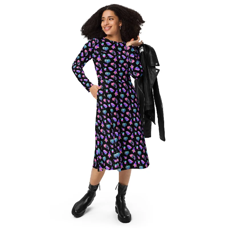 Price Blitz Creepy Valentine Print Long Sleeve Midi Dress with Pockets