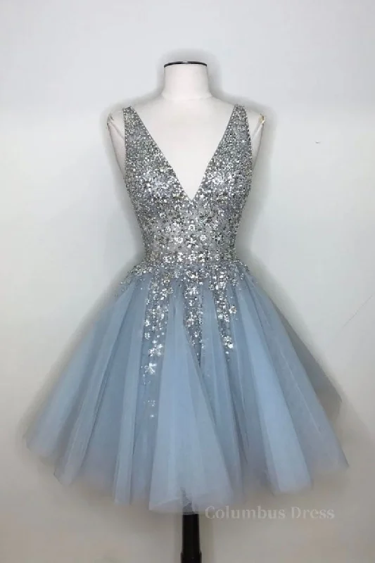 Warehouse Sale Blue v neck tulle sequin short Corset Prom dress, blue Corset Homecoming dress outfit Warehouse Sale Blue v neck tulle sequin short Corset Prom dress, blue Corset Homecoming dress outfit