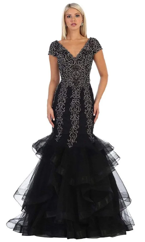 Discount Deals May Queen - RQ7690 Embroidered V-Neck Ruffled Mermaid Dress