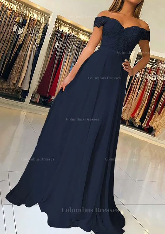 Extra Savings A-line/Princess Off-the-Shoulder Short Sleeve Sweep Train Chiffon Prom Dress With Beading Appliqued