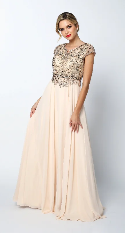 Huge Savings Long Cap Sleeve Chiffon Dress with Beaded Bodice by Juliet 657