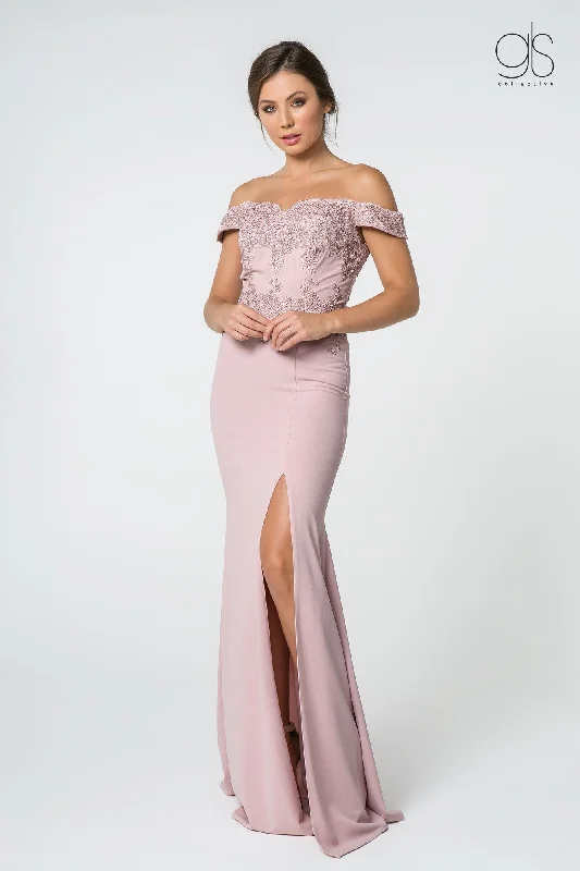 Big Discounts Embroidered Long Off Shoulder Dress with Slit by Elizabeth K GL2708